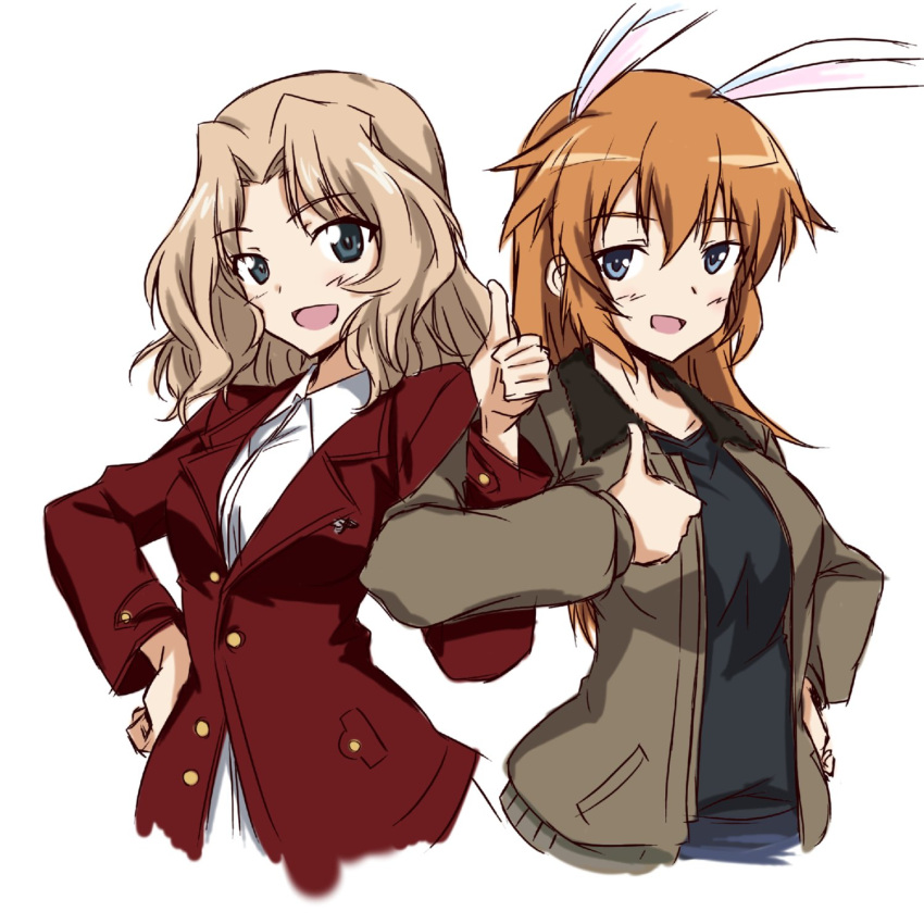 2girls animal_ears asagi501 black_tank_top blonde_hair blue_eyes blue_tank_top blush brown_jacket charlotte_e._yeager charlotte_e._yeager_(cosplay) collared_shirt cosplay country_connection cropped_legs extra_ears girls_und_panzer hair_intakes hand_on_own_hip highres jacket kay_(girls_und_panzer) long_hair looking_at_viewer multiple_girls orange_hair rabbit_ears rabbit_girl red_jacket saunders_military_uniform shirt smile strike_witches tank_top thumbs_up white_background world_witches_series