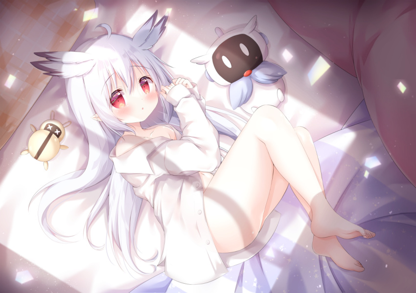 :o ahoge ass barefoot blush bottomless collared_shirt commentary_request dress_shirt feet female full_body grey_hair hair_between_eyes hair_spread_out hands_up head_wings hoshimura_himawari indie_virtual_youtuber long_sleeves lying navel off_shoulder on_bed on_side open_clothes open_shirt parted_lips plaid pointy_ears red_eyes renew_vivi shirt sleeves_past_wrists solo virtual_youtuber white_shirt wings