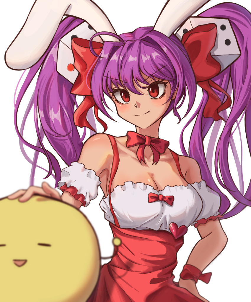 absurdres animal_ears bad_id bad_pixiv_id bow bowtie breasts cleavage closed_mouth commentary di_gi_charat dice_hair_ornament female gema hair_ornament hairbow heart high-waist_skirt highres medium_breasts medium_hair petra_(jgc845601) purple_hair rabbit_ears red_bow red_eyes red_skirt simple_background skirt smile solo suspender_skirt suspenders twintails upper_body usada_hikaru white_background