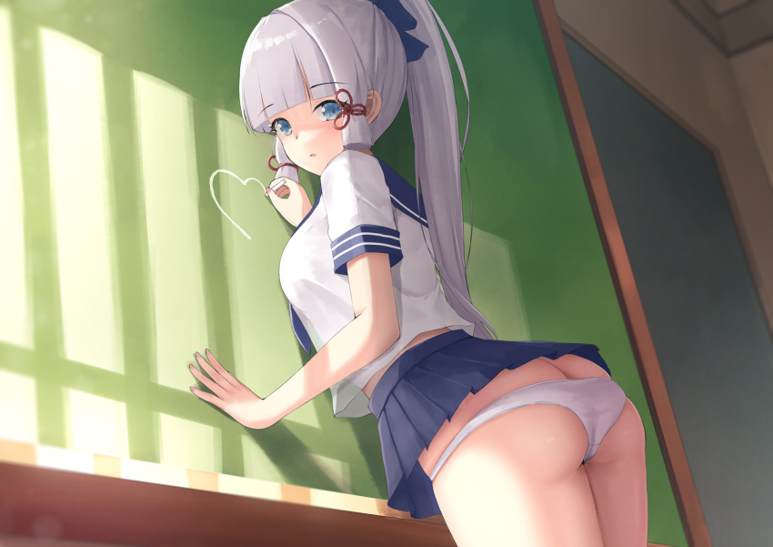 alternate_costume ass blue_eyes blue_sailor_collar blue_skirt blunt_bangs breasts bursting_ass butt_crack chalk chalkboard cowboy_shot crop_top crop_top_overhang female flower_knot from_behind genshin_impact hair_ribbon heart highres holding holding_chalk indoors joko_jmc kamisato_ayaka long_hair looking_at_viewer looking_back medium_breasts microskirt midriff panties pleated_skirt ponytail ribbon sailor_collar school_uniform serafuku shirt short_sleeves skindentation skirt solo thighs tight_clothes tress_ribbon underwear white_hair white_panties white_shirt window_shadow