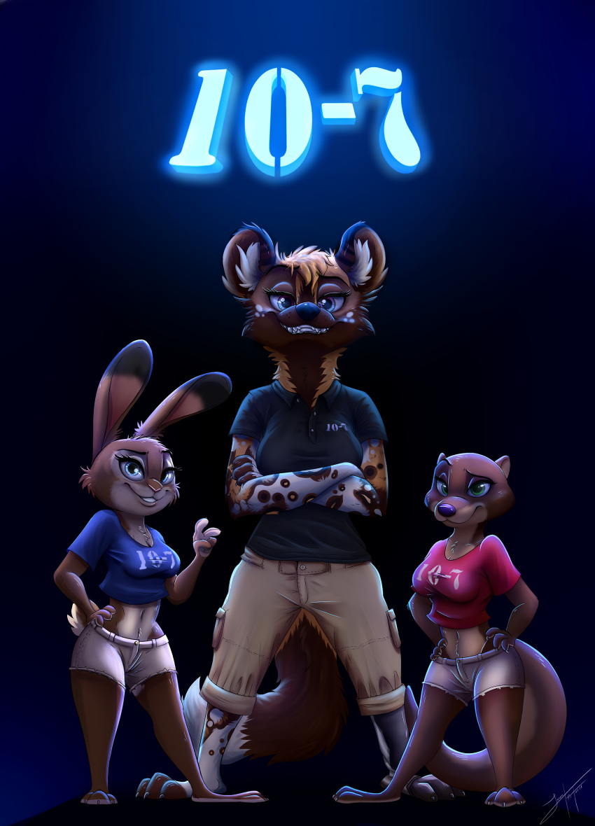 2019 absurd_res african_wild_dog anthro barefoot black_nose blue_background blue_eyes bottomwear breasts brown_body brown_fur canid canine cheek_tuft clothed clothing crop_top crossed_arms cutoffs denim denim_bottomwear denim_clothing digital_media_(artwork) dipstick_ears disney ear_markings facial_tuft fan_character feet female fluffy fully_clothed fur green_eyes grin group head_tuft hi_res inner_ear_fluff juantriforce lagomorph leporid looking_at_viewer mammal midriff multicolored_body multicolored_ears multicolored_fur mustelid navel otter pink_nose rabbit scut_tail shaded sharp_teeth shirt short_tail shorts simple_background smile standing tail teeth topwear trisha_rose_(bluelighthouse) tuft white_body white_fur yellow_body yellow_fur zootopia