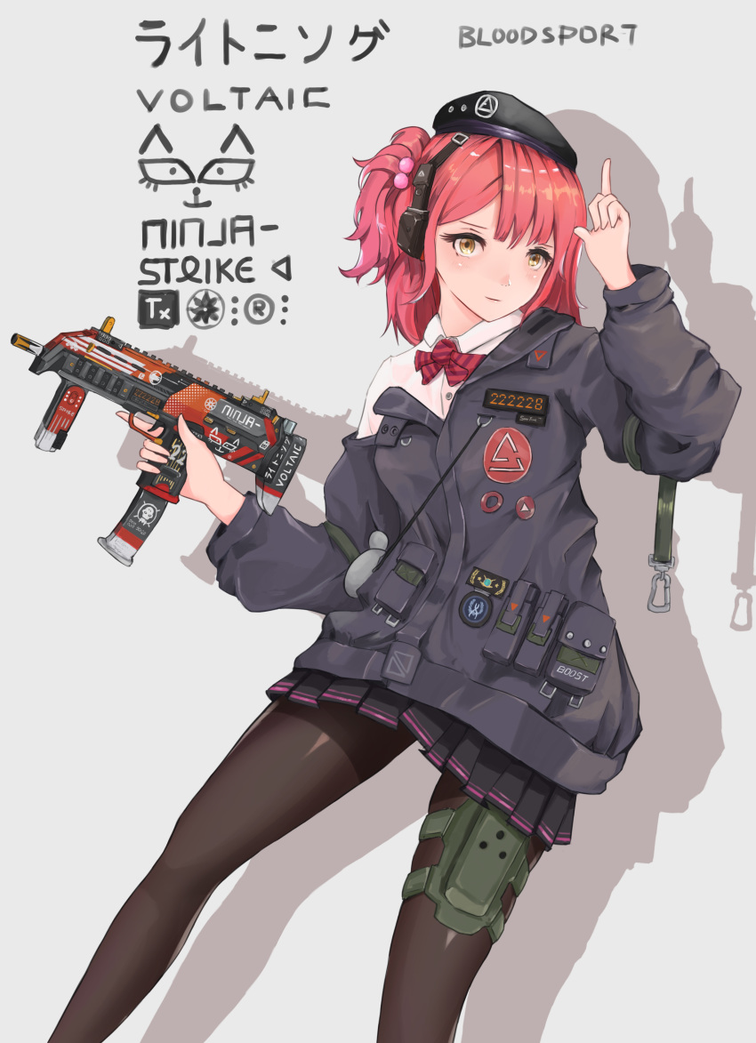 absurdres beret breasts counter-strike_(series) counter-strike_2 female girls'_frontline gun h&k_mp7 hat highres marcowwine medium_breasts mp7_(girls'_frontline) pantyhose photoshop_(medium) red_hair short_hair solo submachine_gun weapon yellow_eyes