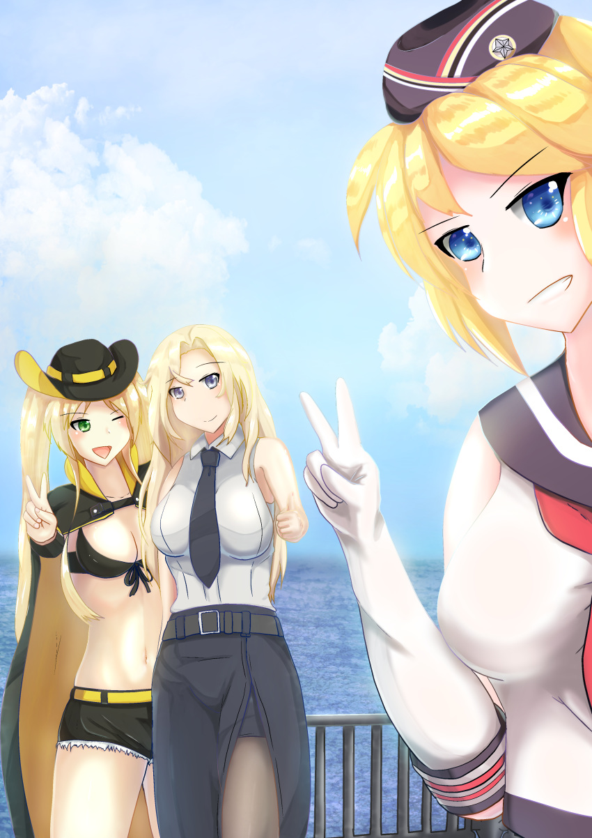 3girls absurdres azur_lane bad_id bad_pixiv_id belt bikini bikini_top_only black_belt black_coat black_necktie black_skirt black_thighhighs blonde_hair blue_eyes breasts coat cowboy_hat crossover cutoffs garrison_cap gloves green_eyes hair_intakes hat highres historical_name_connection hornet_(azur_lane) hornet_(kancolle) hornet_(warship_girls_r) kantai_collection large_breasts long_hair looking_at_viewer multiple_crossover multiple_girls name_connection necktie oimachi_gattack pantyhose pencil_skirt school_uniform serafuku shirt skirt sleeveless sleeveless_shirt smile swimsuit thighhighs thumbs_up twintails v warship_girls_r white_gloves white_shirt yellow_belt