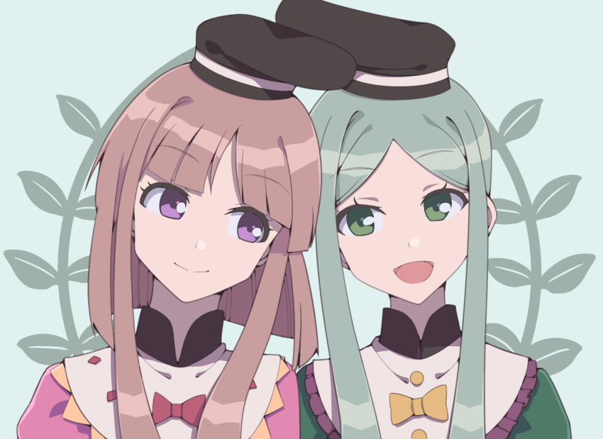 2girls bow brown_hair commentary_request dress green_background green_dress green_eyes green_hair hat highres multiple_girls nishida_satono nurupo_(abooon) open_mouth parted_bangs plant purple_dress purple_eyes short_hair_with_long_locks sidelocks smile tate_eboshi teireida_mai touhou upper_body