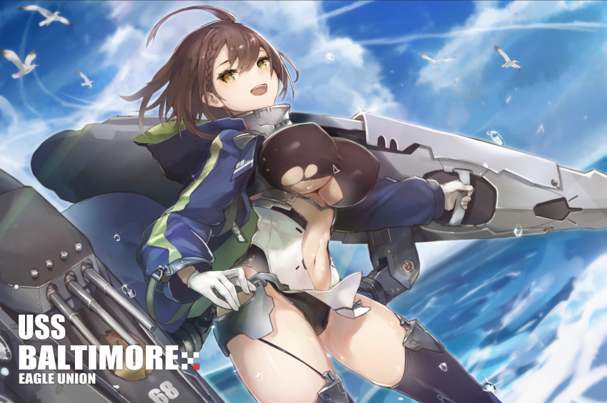 :d ahoge azur_lane baltimore_(azur_lane) bird blue_coat blue_sky braid breasts brown_hair center_opening clothing_cutout cloud coat commentary_request cruel_gz day dutch_angle female french_braid garter_straps gloves happy hood hooded_coat large_breasts leotard looking_at_viewer multicolored_coat navel open_clothes open_coat open_mouth short_hair sky smile stomach_cutout thighhighs thighs underboob underboob_cutout water waves white_gloves yellow_eyes