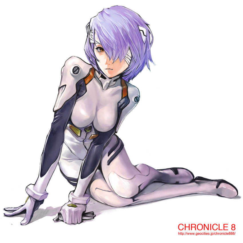 arm_support ayanami_rei bandage_over_one_eye bandages blue_hair bodysuit bracer breasts commentary_request female full_body glasses gloves hair_over_one_eye headgear highres holding interface_headset kiyohisa leaning_forward looking_at_viewer medium_breasts neon_genesis_evangelion one_eye_covered parted_lips pilot_suit plugsuit realistic red_eyes science_fiction shadow short_hair simple_background sitting solo turtleneck watermark web_address white_background white_bodysuit