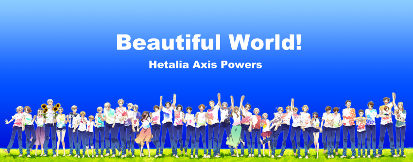 6+boys 6+girls absurdres ahoge america_(hetalia) annotated arms_up austria_(hetalia) axis_powers_hetalia bad_id bad_pixiv_id barefoot belarus_(hetalia) black_hair blonde_hair blush bow brown_hair canada_(hetalia) chibitalia_(hetalia) china_(hetalia) denim denmark_(hetalia) egypt_(hetalia) estonia_(hetalia) everyone feet finland_(hetalia) flower france_(hetalia) full_body germania_(hetalia) germany_(hetalia) glasses grass greece_(hetalia) happy highres holding_hands holy_roman_empire_(hetalia) hong_kong_(hetalia) hungary_(hetalia) iceland_(hetalia) japan_(hetalia) jeans korea_(hetalia) kumajirou_(hetalia) latvia_(hetalia) liechtenstein_(hetalia) lithuania_(hetalia) long_hair multiple_boys multiple_girls northern_italy_(hetalia) norway_(hetalia) outdoors pants poland_(hetalia) prussia_(hetalia) ribbon rome_(hetalia) runko russia_(hetalia) sealand_(hetalia) seychelles_(hetalia) shirt short_hair skirt sky smile southern_italy_(hetalia) spain_(hetalia) standing sunflower sweden_(hetalia) switzerland_(hetalia) t-shirt taiwan_(hetalia) tears turkey_(hetalia) ukraine_(hetalia) united_kingdom_(hetalia) white_hair