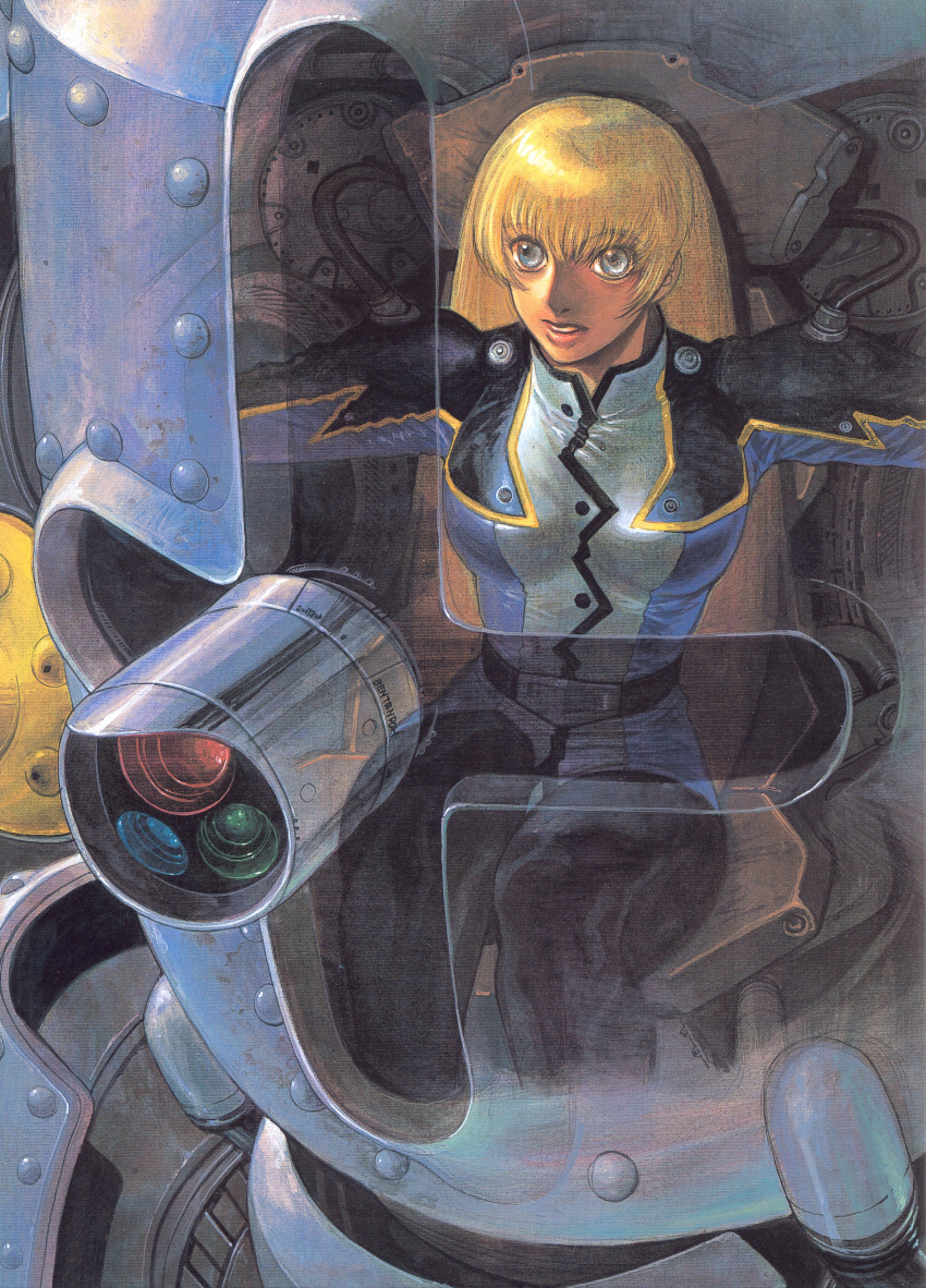 absurdres artist_request blonde_hair blue_eyes cockpit female highres koubu mecha military military_uniform ratchet_altair robot sakura_taisen scan uniform x-ray