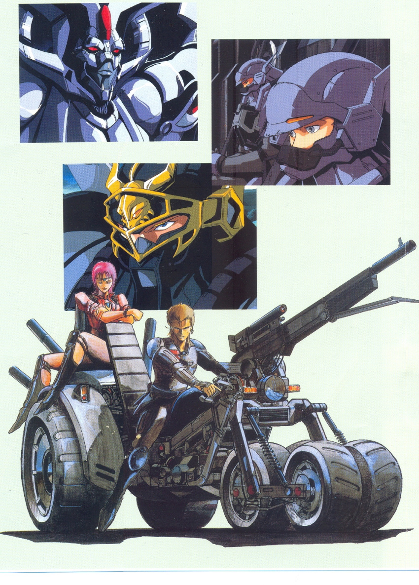 1980s_(style) 2boys armor artist_request cannon character_request female highres m.d._geist mds-02_geist mecha motor_vehicle motorcycle multiple_boys paiya retro_artstyle robot three-wheeler