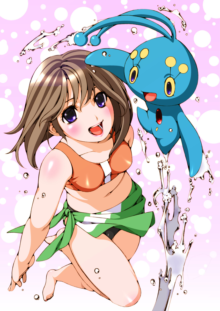 :d adapted_costume alternate_costume antennae bad_id bad_pixiv_id bandana bare_shoulders barefoot bikini blue_eyes blush brown_hair colored_sclera female highres lipstick makeup manaphy may_(pokemon) midriff navel pokemon pokemon_(creature) pokemon_emerald pokemon_rse short_hair smile swimsuit unworn_bandana water yagitori yellow_sclera