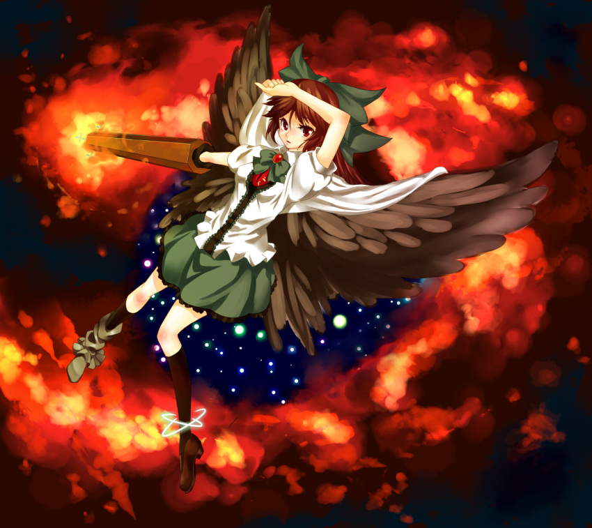 bad_id bad_pixiv_id black_wings bow brown_hair cape female green_bow hairbow highres kneehighs long_hair reiuji_utsuho socks solo touhou wings yuru_(kashima)