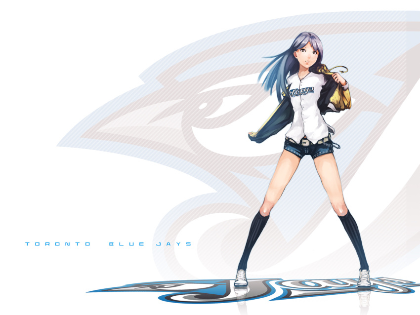 bad_id bad_pixiv_id baseball blue_hair blue_shorts brown_eyes canada ekao female idolmaster idolmaster_(classic) jacket kisaragi_chihaya legs long_hair long_legs major_league_baseball photoshop_(medium) realistic shorts solo toronto_blue_jays