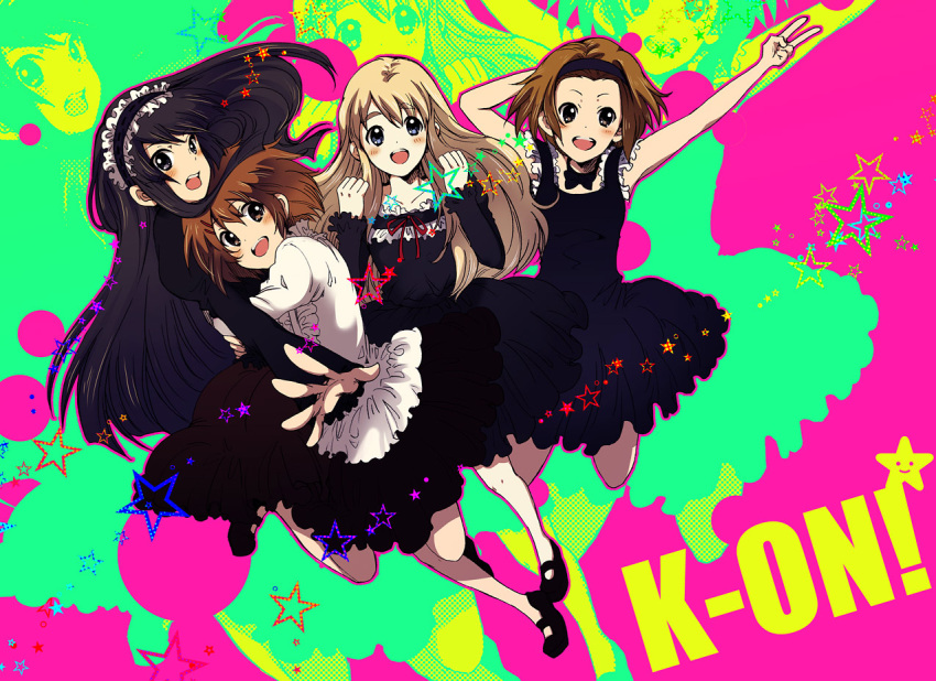 4girls akiyama_mio bad_id bad_pixiv_id black_eyes black_hair blonde_hair blue_eyes blush brown_eyes brown_hair dress frills fuwafuwa_time gothic_lolita hairband hirasawa_yui hug k-on! kotobuki_tsumugi lolita_fashion long_hair moha multiple_girls no_legwear short_hair star_(symbol) tainaka_ritsu