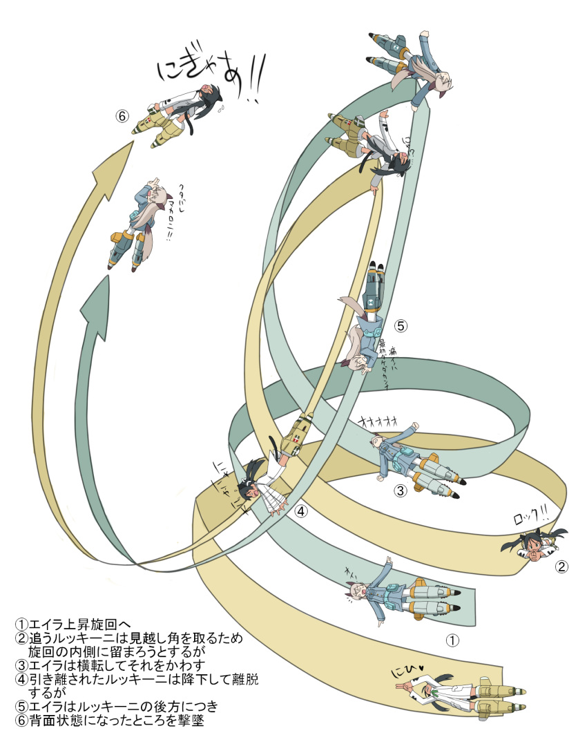 2girls aerial_battle animal_ears arrow_(symbol) battle cat_ears cat_girl cat_tail cl-55 commentary_request diagram eila_ilmatar_juutilainen flying fox_ears fox_girl fox_tail francesca_lucchini highres kanchou multiple_girls panties pantyhose pouch punalentajien_kiusana strike_witches striker_unit tail tears translated underwear white_pantyhose world_witches_series