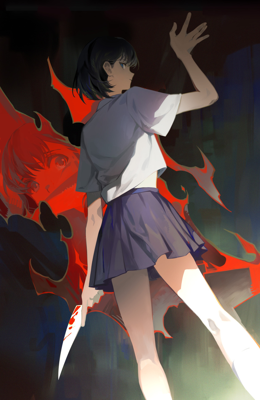 absurdres black_hair blood blood_on_knife blue_eyes commentary female hand_up highres holding holding_knife holding_weapon knife kofune_mio looking_at_viewer narakuuu school_uniform shadow_mio short_hair short_sleeves skirt socks summertime_render symbol-only_commentary weapon white_socks