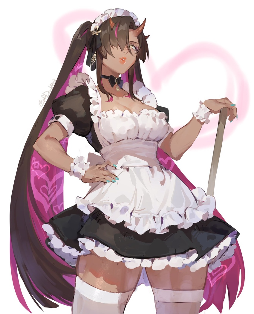 black_hair blue_nails breasts brown_horns cleavage female frills hair_over_one_eye hand_on_own_hip highres horns long_hair looking_at_viewer maid maid_headdress multicolored_hair original parted_lips purple_hair solo thighhighs twintails two-tone_hair type-alpha very_long_hair white_thighhighs yellow_eyes