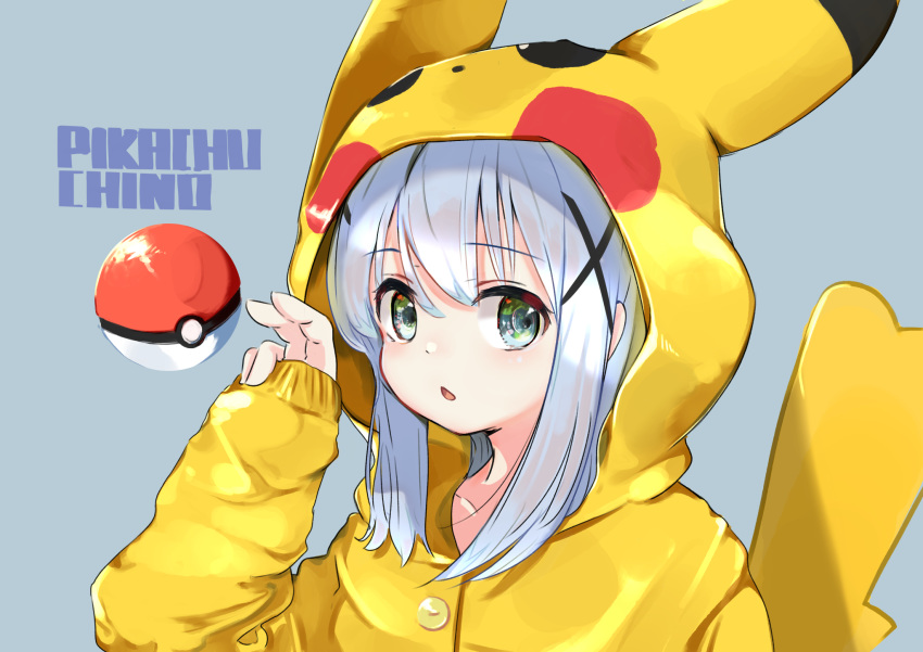 blue_hair character_name collarbone commentary cosplay female gochuumon_wa_usagi_desu_ka? green_eyes grey_background hair_between_eyes hair_ornament hand_up highres hood hood_up houjichaoic kafuu_chino long_hair long_sleeves looking_at_viewer parted_lips pikachu pikachu_(cosplay) pikachu_costume pikachu_ears pikachu_tail poke_ball poke_ball_(basic) pokemon pokemon_ears pokemon_tail simple_background sleeves_past_wrists solo tail upper_body x_hair_ornament