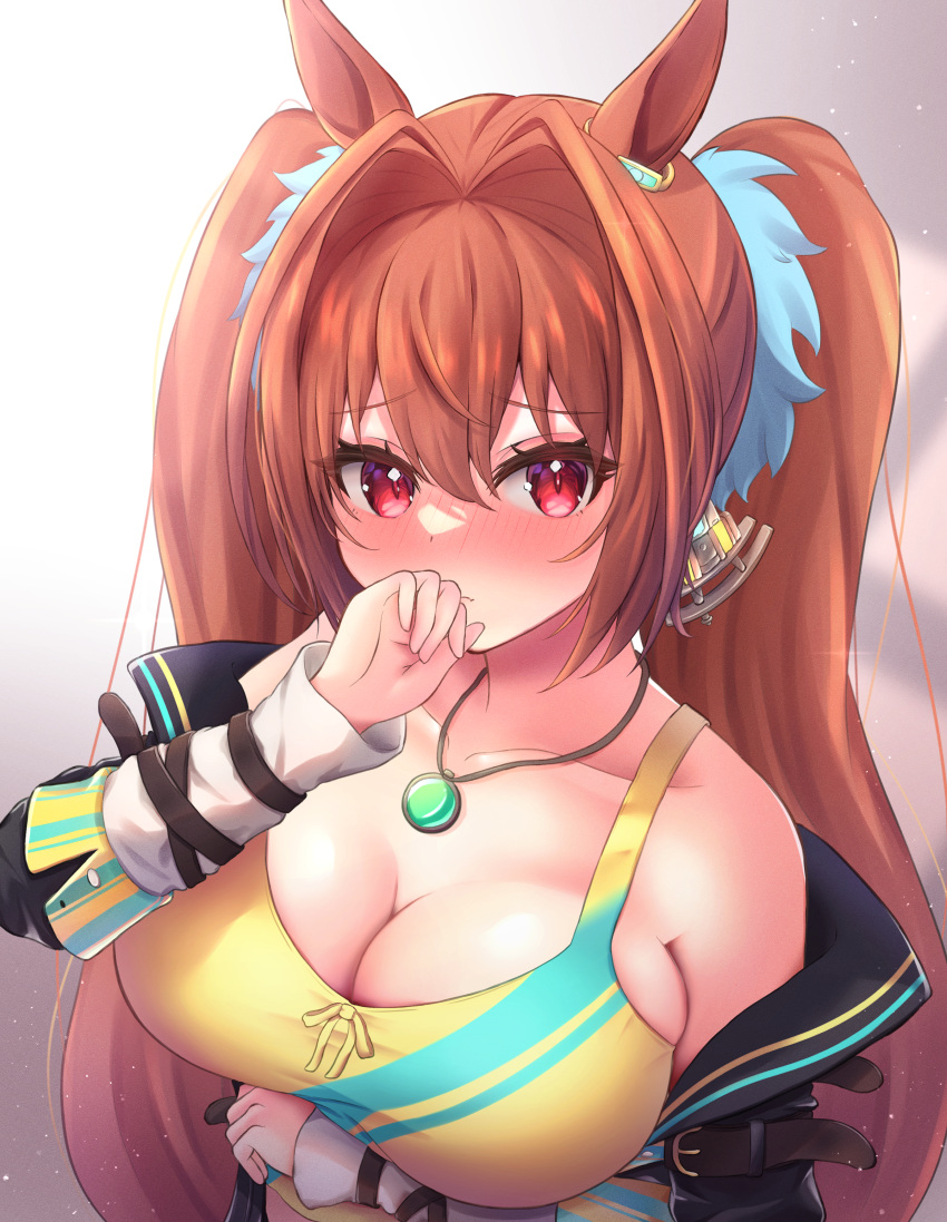 absurdres animal_ears arm_under_breasts bare_shoulders black_jacket blush breasts brown_hair cleavage closed_mouth collarbone commentary_request cosplay crop_top daiwa_scarlet_(umamusume) female hair_between_eyes hair_intakes hand_up highres horse_ears jacket large_breasts long_hair looking_at_viewer neko_punch_(user_hddm3373) nose_blush off_shoulder open_clothes open_jacket red_eyes sleeves_past_wrists solo tank_top twintails umamusume upper_body very_long_hair vodka_(umamusume) vodka_(umamusume)_(cosplay) yellow_tank_top