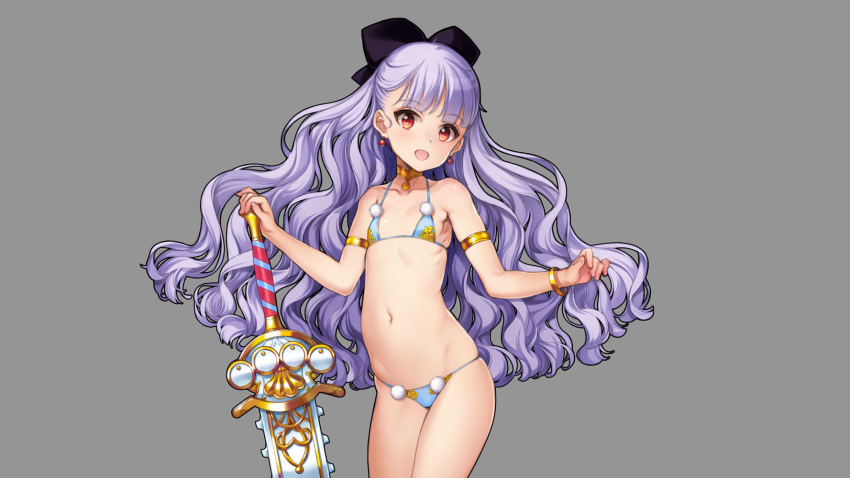 armlet bikini black_bow bow bracelet choker commentary_request cowboy_shot earrings eiyuu_senki eiyuu_senki_ww female flat_chest gawain_(eiyuu_senki) gold_choker grey_background hair_ribbon hairbow hand_on_hilt highres jewelry long_hair looking_at_viewer navel official_art oyari_ashito purple_hair red_eyes ribbon simple_background skindentation solo standing swimsuit sword very_long_hair wavy_hair weapon