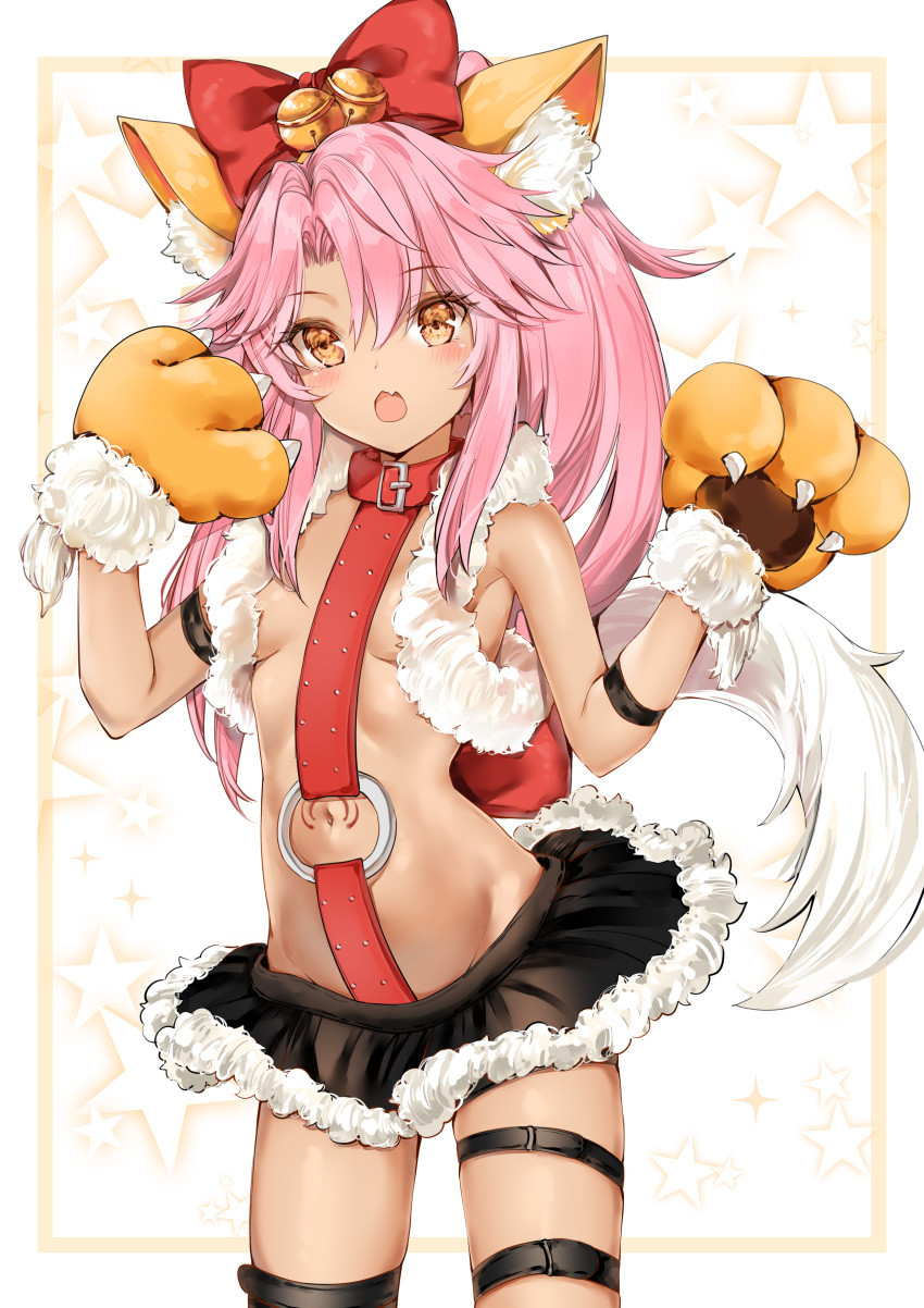 absurdres animal_ears animal_hands bare_shoulders bell black_skirt blush bow breasts cat_ears cat_tail chloe_von_einzbern chloe_von_einzbern_(beast_style) commentary dark-skinned_female dark_skin fate/kaleid_liner_prisma_illya fate_(series) female fur_trim gloves hairbow highres jingle_bell long_hair looking_at_viewer navel oerba_yun_fang open_mouth orange_eyes paw_gloves pink_hair ponytail red_bow sidelocks skirt small_breasts stomach_tattoo tail tattoo thigh_strap thighs yukineko1018