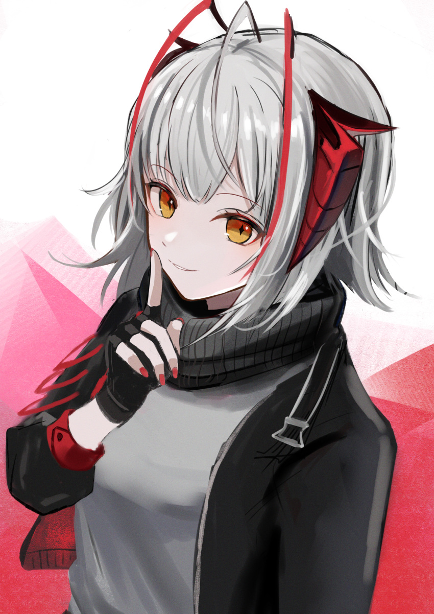 antenna_hair antennae arknights arm_at_side azuazu_0405 belt_buckle black_gloves black_jacket buckle dutch_angle female finger_to_mouth fingerless_gloves from_side gloves grey_hair grey_shirt highres horns index_finger_raised jacket light_smile long_sleeves looking_at_viewer parted_lips red_background red_nails scarf shirt short_hair shushing solo strap upper_body w_(arknights) white_background yellow_eyes