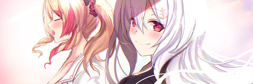 .live 2girls anchor_hair_ornament bad_id bad_twitter_id black_jacket blonde_hair blush closed_eyes cloud hair_between_eyes hair_ornament hair_scrunchie hairclip jacket long_hair looking_at_viewer looking_back multicolored_hair multiple_girls music nekonoki_mochi open_mouth red_eyes red_hair scrunchie shirt singing smile streaked_hair twitter_banner untue upper_body virtual_youtuber white_hair white_shirt yozakura_tama