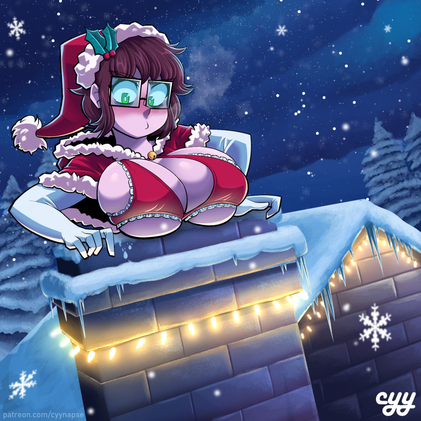 blush bra breasts brown_hair chimney christmas cleavage closed_mouth cyynapse elbow_gloves ellie_(cyynapse) female gloves green_eyes highres house large_breasts looking_away night original outdoors rectangular_eyewear red_bra santa_costume short_hair snow snowflakes snowing solo underwear white_gloves