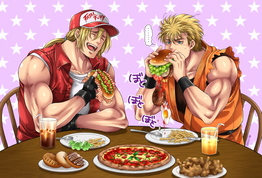 ... 2boys baseball_cap blonde_hair blue_eyes burger burger_malfunction commentary doughnut dougi eating fatal_fury fatal_fury_cap fingerless_gloves food gloves hat highres hot_dog jacket laughing male_focus miru_(mill_36) multiple_boys pizza ponytail ryou_sakazaki ryuuko_no_ken spoken_ellipsis star_(symbol) starry_background terry_bogard the_king_of_fighters twitter_username