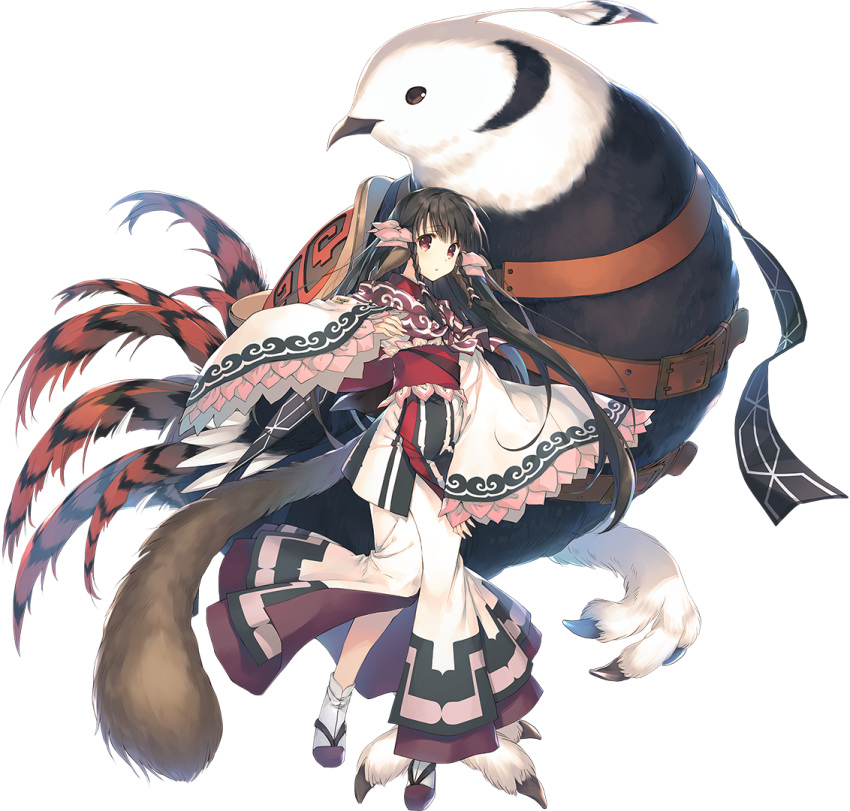 amazuyu_tatsuki bird black_hair braid cocopo female full_body long_hair long_sleeves official_art photoshop_(medium) red_eyes rulutieh solo tail transparent_background twin_braids utawarerumono wide_sleeves