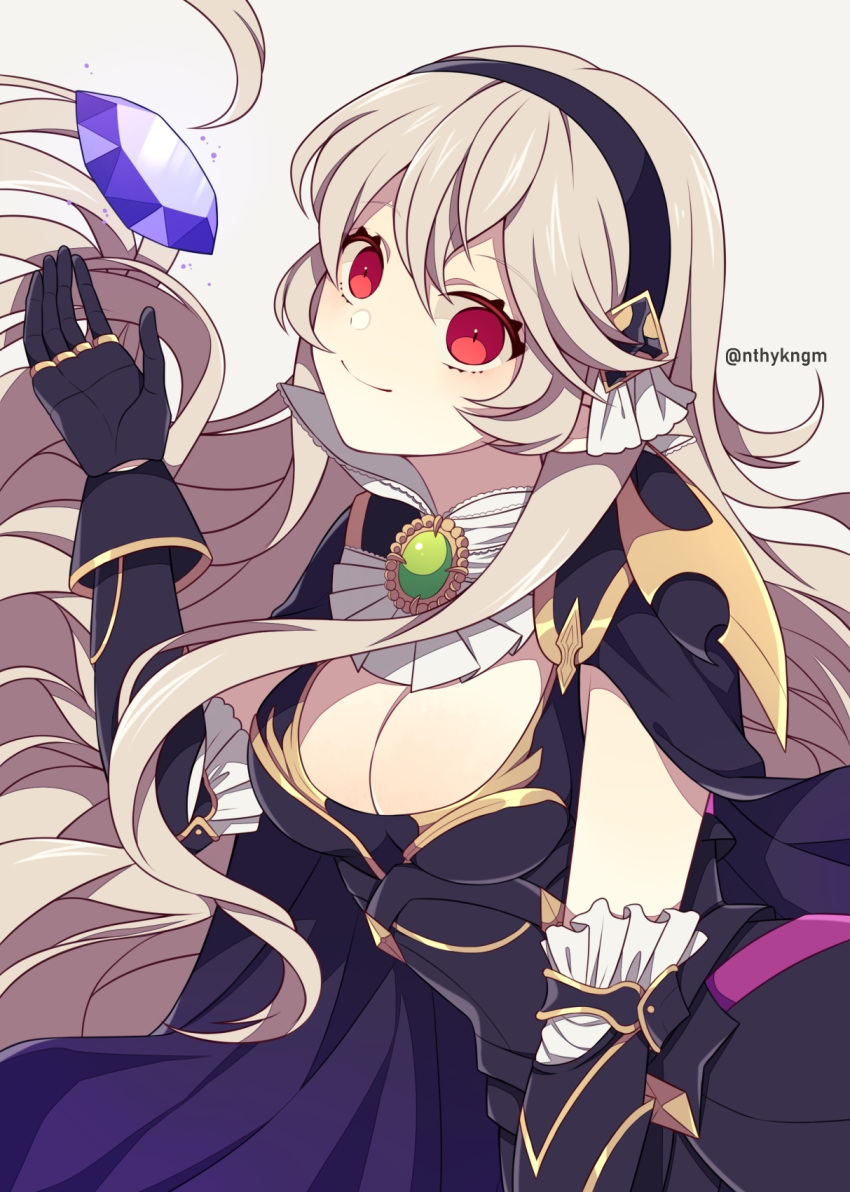 armor black_hairband breasts cape cleavage commentary corrin_(female)_(fire_emblem) corrin_(female)_(nohr_noble)_(fire_emblem) corrin_(fire_emblem) crml_orng female fire_emblem fire_emblem_fates hairband highres long_hair red_eyes simple_background smile solo stone twitter_username upper_body white_hair