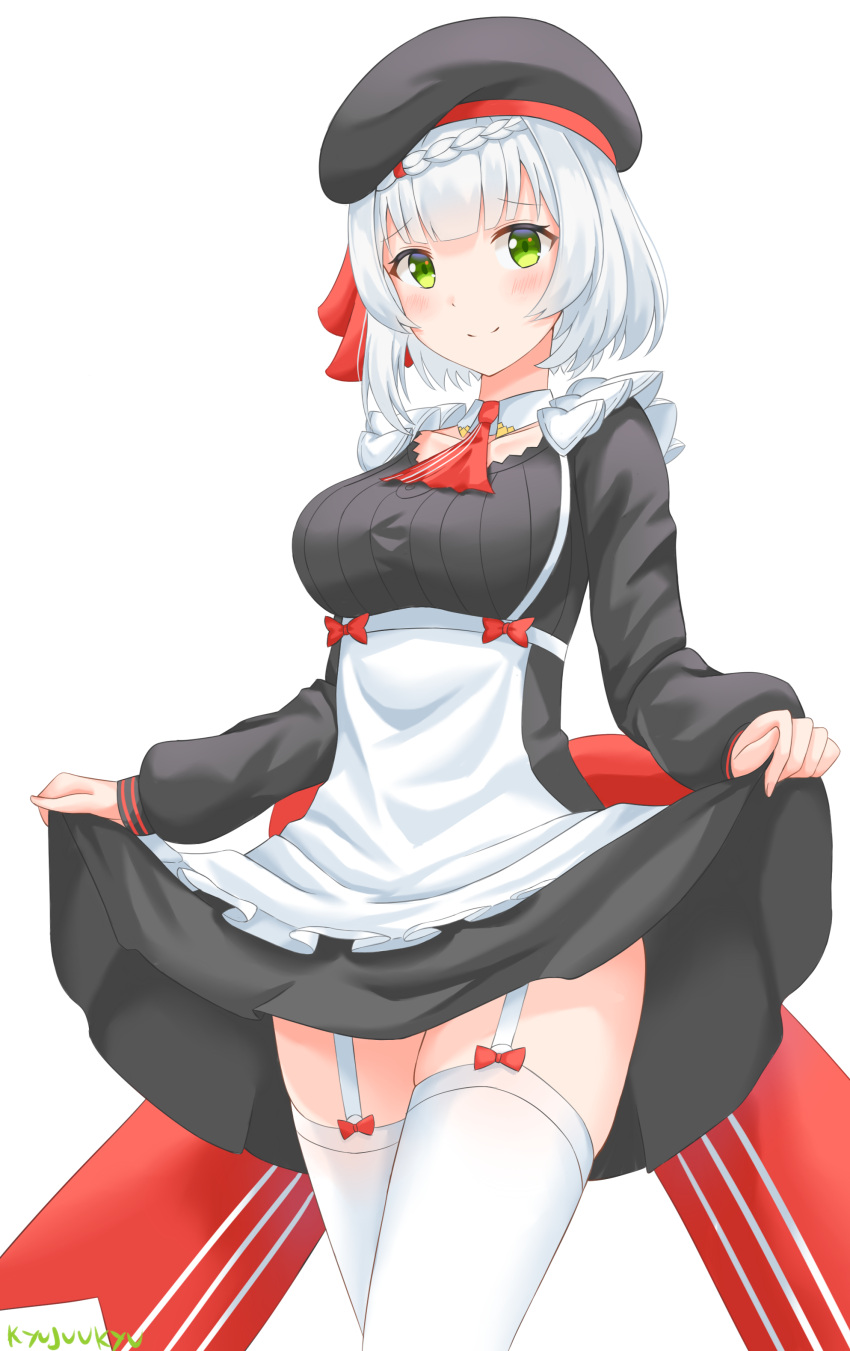 absurdres apron ascot back_bow beret blush bow braid breasts commentary detached_collar dress female garter_straps genshin_impact green_eyes hairbow hat highres kyujuukyu large_breasts looking_at_viewer noelle_(genshin_impact) noelle_(kfc)_(genshin_impact) short_hair skirt_hold smile solo thighhighs waitress white_hair