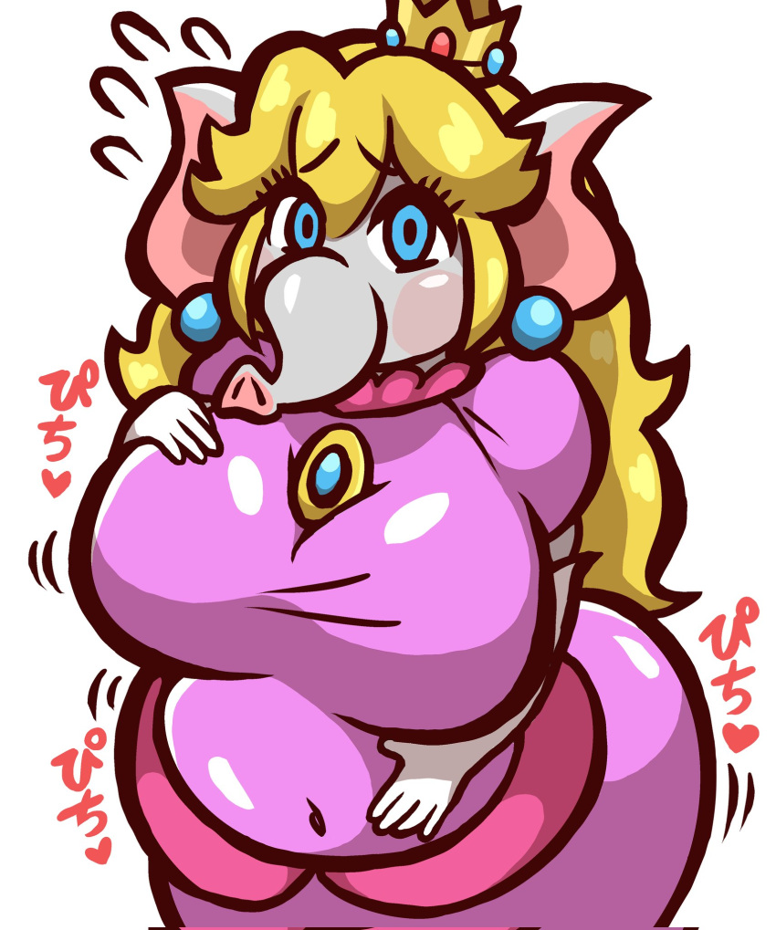 animal_humanoid anthro belly big_belly big_breasts blonde_hair blue_eyes breasts clothing crown dress elephant elephant_humanoid elephant_peach elephantid female gold_crown hair headgear hi_res huge_breasts humanoid japanese_text looking_at_viewer mammal mammal_humanoid mario_bros mng0 navel nintendo obese obese_anthro obese_female overweight overweight_anthro overweight_female pink_clothing pink_dress princess_peach proboscidean proboscidean_humanoid proboscis_(anatomy) solo super_mario_bros_wonder text translation_request trunk_(anatomy) worried