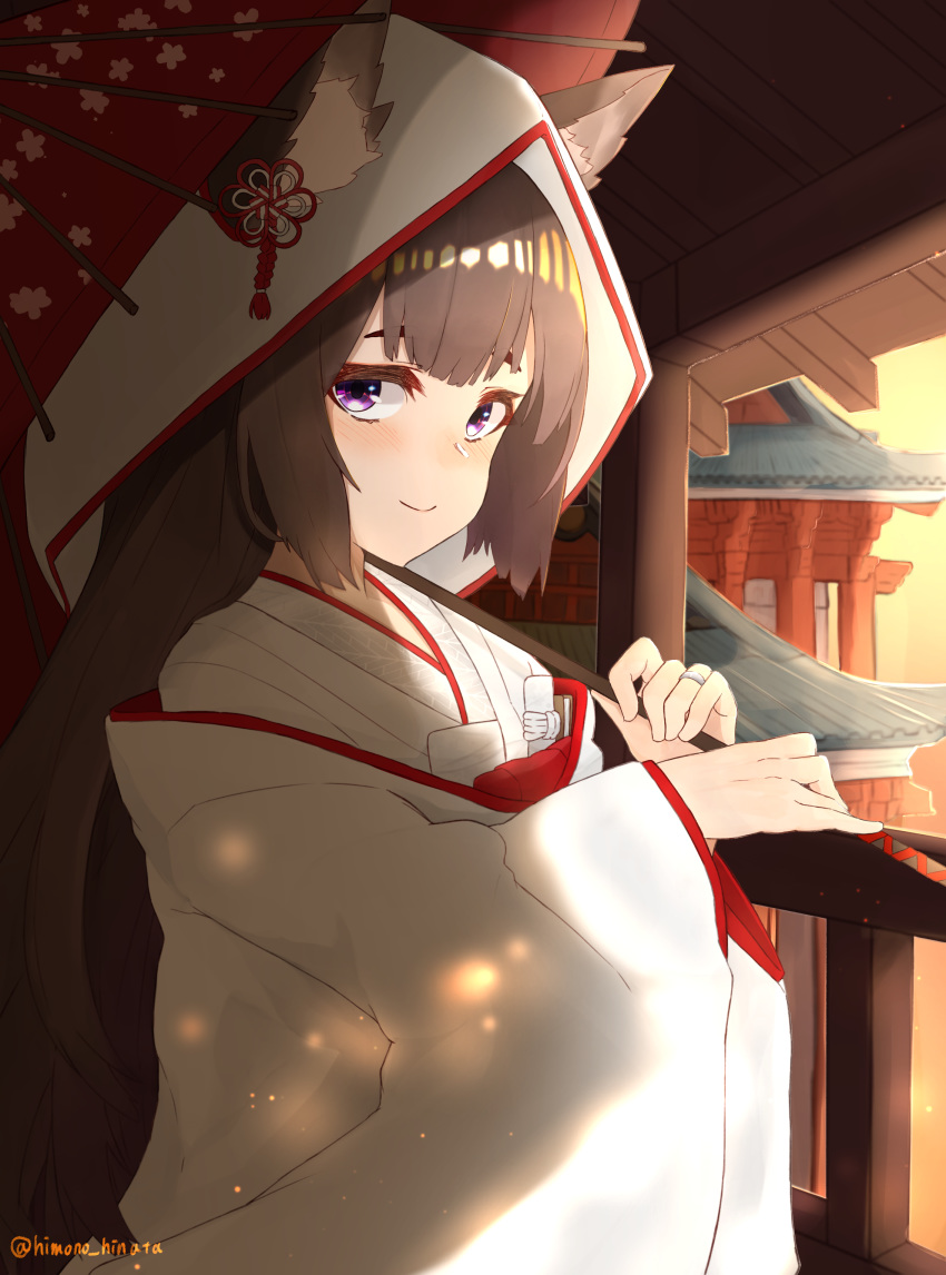 absurdres amagi_(azur_lane) animal_ear_fluff animal_ears azur_lane blunt_bangs blush brown_hair closed_mouth commentary_request dress ears_through_headwear female fox_ears highres himono_hinata holding holding_umbrella hood japanese_clothes jewelry kimono long_hair looking_at_viewer partial_commentary purple_eyes ring smile solo twitter_username uchikake umbrella very_long_hair wataboushi wedding_dress wedding_ring white_kimono wide_sleeves