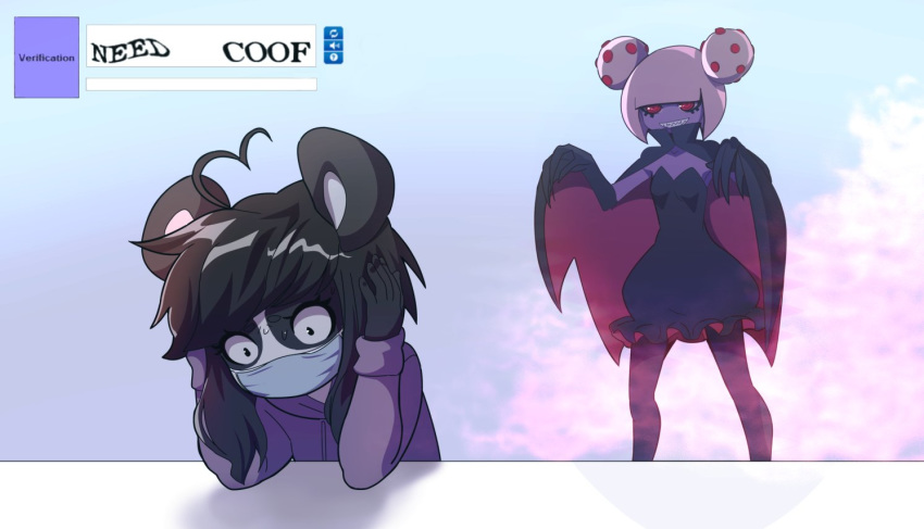 anthro bat bear black_body black_clothing black_dress black_fur black_hair bodily_fluids cell_(organism) clothing corona-chan coronavirus_(organism) covid-19_pandemic distressed dogscribss dress duo face_mask female fur germ_(organism) giant_panda hair hoodie kenny_(kenashcorp) long_fingers mammal membrane_(anatomy) membranous_wings micro_organism_(organism) multicolored_body multicolored_fur personification red_eyes sars-cov-2 sharp_teeth sweat teeth topwear two_tone_body two_tone_fur virus_(organism) white_body white_fur white_hair wings worried