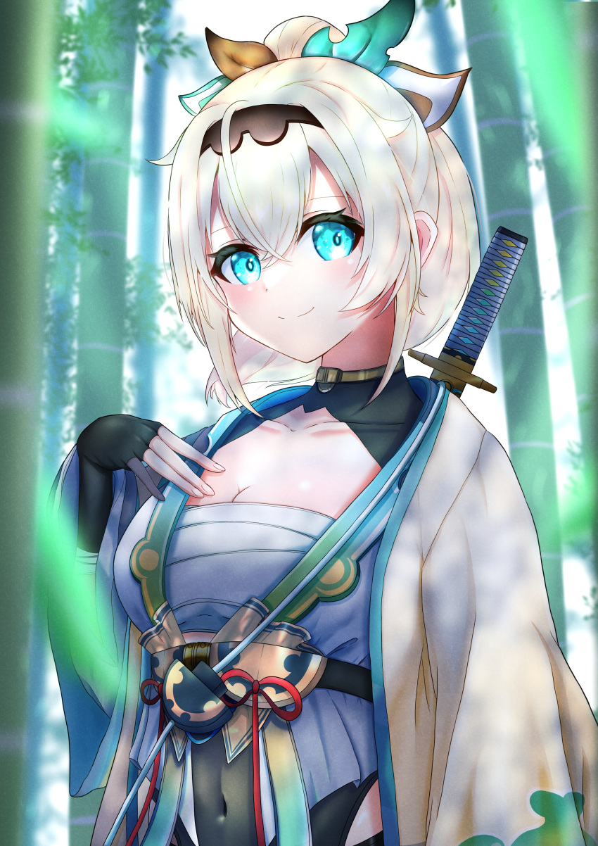 absurdres bamboo bamboo_forest black_gloves black_hairband blonde_hair blue_eyes blurry blurry_foreground breasts cleavage closed_mouth collarbone commentary_request covered_collarbone covered_navel day depth_of_field female fingerless_gloves forest gloves hair_between_eyes hairband hand_up high_ponytail highres hololive katana kazama_iroha kazama_iroha_(1st_costume) long_sleeves looking_at_viewer medium_breasts nature neko_punch_(user_hddm3373) open_clothes outdoors ponytail sarashi smile solo sword sword_on_back virtual_youtuber weapon weapon_on_back wide_sleeves