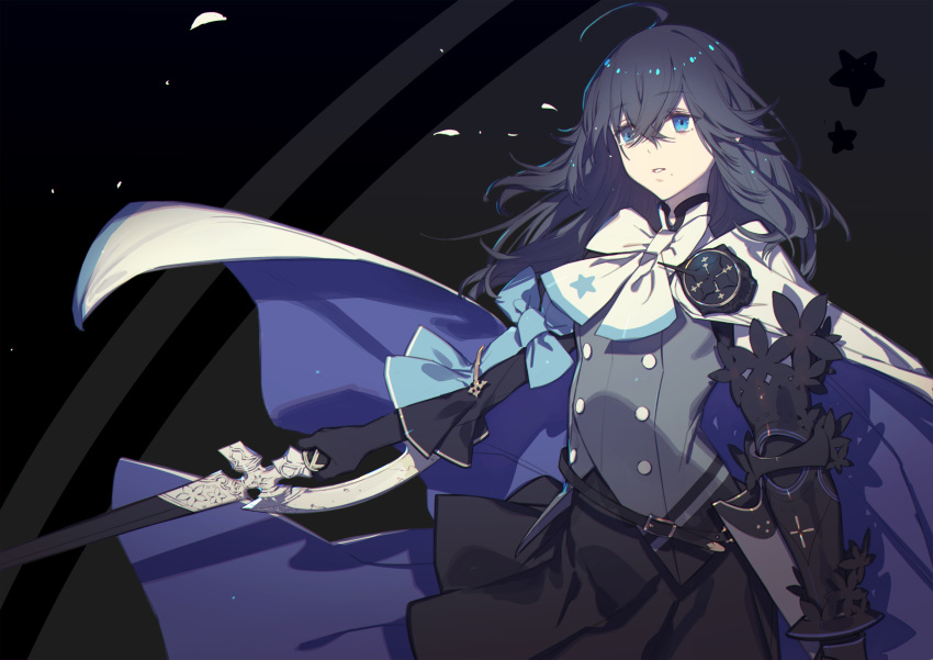 absurdres ahoge bad_id bad_pixiv_id belt black_belt black_gloves black_hair black_skirt blue_cape blue_eyes bow cape crack fantasy female floral_print flower gauntlets gloves hair_between_eyes highres holding holding_sword holding_weapon izumo_kasumi_(nijisanji) knight long_hair mole mole_under_mouth multicolored_cape multicolored_clothes nijisanji parted_lips petals photoshop_(medium) scabbard sheath single_gauntlet skirt solo star_(symbol) star_print sword unsheathed unti_no_azi vambraces virtual_youtuber weapon white_bow white_cape