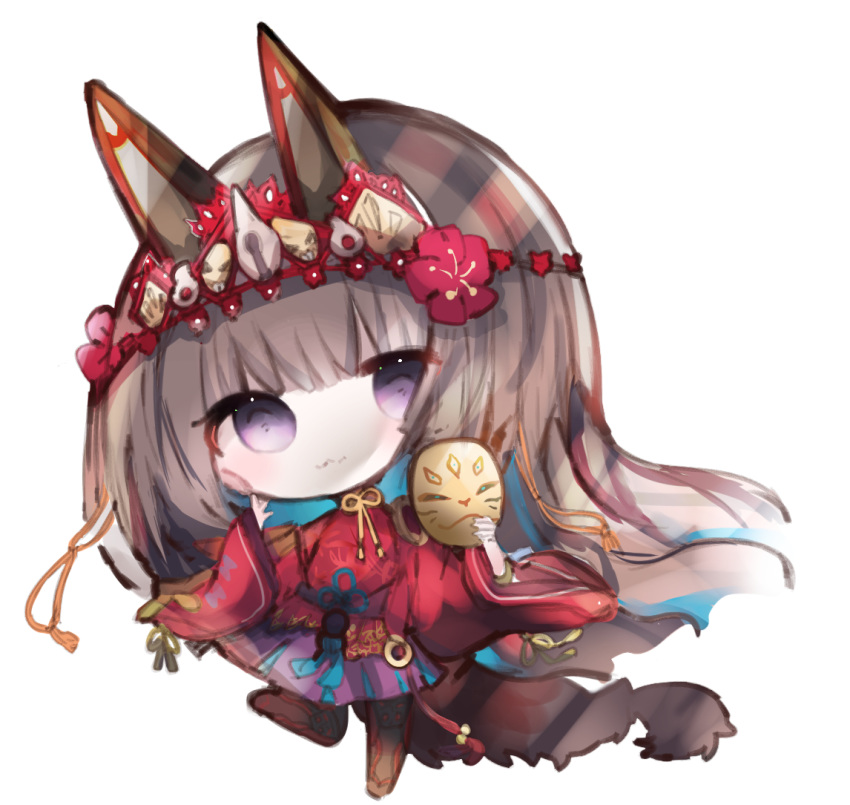 :3 animal_ears bad_id bad_pixiv_id black_footwear black_thighhighs boots brown_hair chibi closed_mouth commentary_request cottontailtokki female flower full_body ginsetsu_great_fox hair_flower hair_ornament headpiece holding holding_mask long_hair long_sleeves mask pleated_skirt purple_eyes purple_skirt red_flower red_shirt shadowverse shirt simple_background skirt sleeves_past_wrists solo standing standing_on_one_leg thigh_boots thighhighs unworn_mask very_long_hair white_background wide_sleeves