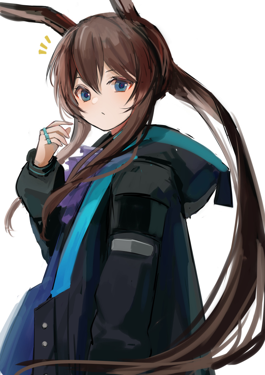 amiya_(arknights) animal_ears arknights ascot azuazu_0405 black_coat blue_choker blue_eyes brown_hair choker closed_mouth coat commentary female from_side hand_up highres hood hood_down hooded_coat jewelry long_hair looking_at_viewer looking_to_the_side low_ponytail necktie notice_lines official_alternate_costume rabbit_ears ring sidelocks simple_background solo upper_body white_background