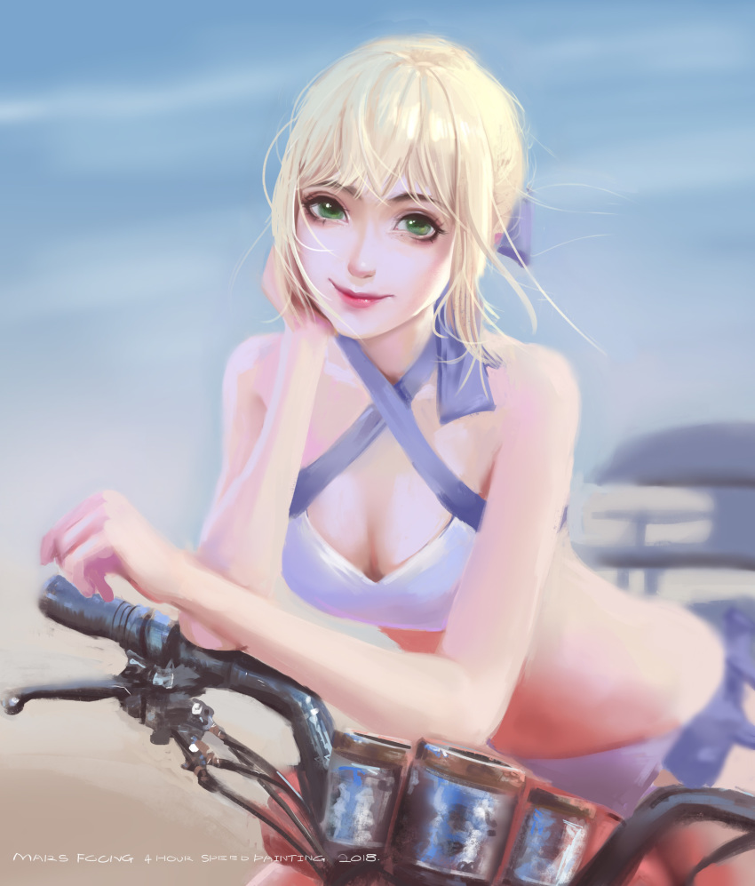 artist_name artoria_pendragon_(all) artoria_pendragon_(swimsuit_archer) bangs bicycle bikini blonde_hair blue_bow bow breasts cleavage closed_mouth commentary dated english_commentary fate/grand_order fate_(series) green_eyes ground_vehicle hairbow highres lipstick looking_at_viewer makeup mars_foong medium_breasts pink_lipstick short_hair smile solo speedpaint swimsuit white_bikini