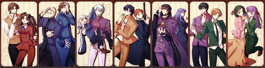 4girls 6+boys absurdres beard black_hair blazer blonde_hair blue_eyes brown_hair cape carrying choker cigarette closed_eyes comb commentary_request cosplay costume_switch cross cross_necklace cross_print dress emiya_kiritsugu emiya_kiritsugu_(cosplay) emiya_shirou facial_hair fate/stay_night fate/zero fate_(series) formal glasses gloves green_eyes gun hair_ribbon handgun highres holding_hands homurahara_academy_school_uniform hood illyasviel_von_einzbern illyasviel_von_einzbern_(cosplay) jacket jewelry kayneth_el-melloi_archibald kayneth_el-melloi_archibald_(cosplay) kotomine_kirei kotomine_kirei_(cosplay) kuzuki_souichirou kuzuki_souichirou_(cosplay) matou_kariya matou_kariya_(cosplay) matou_sakura matou_sakura_(cosplay) medea_(fate) medea_(fate)_(cosplay) multiple_boys multiple_girls necklace one_eye_closed open_mouth orange_hair pointy_ears princess_carry purple_eyes purple_hair ribbon school_uniform short_hair sleeves_past_wrists smile smoking suit thompson/center_contender tohsaka_rin tohsaka_rin_(cosplay) tohsaka_tokiomi tohsaka_tokiomi_(cosplay) twintails uryuu_ryuunosuke uryuu_ryuunosuke_(cosplay) waver_velvet waver_velvet_(cosplay) weapon white_gloves white_hair yellow_eyes yukihime_(mofumofu2225)