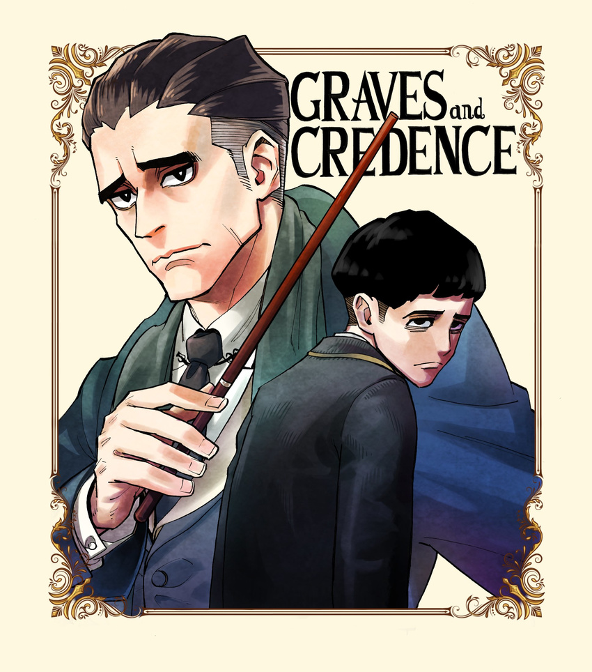 2boys black_eyes black_hair black_necktie border bowl_cut bright_pupils character_name coat commentary_request credence_barebone fantastic_beasts_and_where_to_find_them highres looking_at_viewer male_focus multiple_boys necktie no_pupils percival_graves projected_inset sad shibata_yuusaku short_hair simple_background tan_background traditional_media undercut wizarding_world