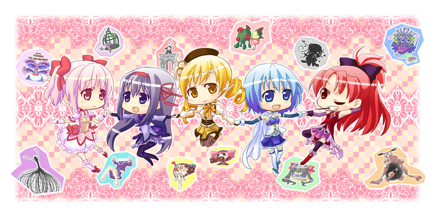 5girls akemi_homura akemi_homura_(magical_girl) arch birdcage black_hair blonde_hair blue_eyes blue_hair boots bow cage cape charlotte_(madoka_magica) chibi choker commentary_request detached_sleeves drill_hair elsa_maria_(madoka_magica) esoragoto flower food gertrud_(madoka_magica) gisela_(madoka_magica) gloves h.n.elly_(kirsten) hair_ribbon hairbow hat highres holding_hands izabel_(madoka_magica) jewelry kaname_madoka kaname_madoka_(magical_girl) knee_boots kneehighs kriemhild_gretchen kyuubee long_hair mahou_shoujo_madoka_magica mahou_shoujo_madoka_magica_(anime) mami_mogu_mogu miki_sayaka miki_sayaka_(magical_girl) mouth_hold multiple_girls oktavia_von_seckendorff one_eye_closed pantyhose patricia_(madoka_magica) pendant pink_eyes pink_hair pocky ponytail puffy_sleeves purple_eyes red_eyes red_flower red_hair red_rose ribbon roberta_(madoka_magica) rose sakura_kyoko sakura_kyoko_(magical_girl) school_uniform serafuku short_hair short_twintails skirt socks television thighhighs tomoe_mami tomoe_mami_(magical_girl) twin_drills twintails walpurgisnacht_(madoka_magica) wings yellow_eyes zettai_ryouiki