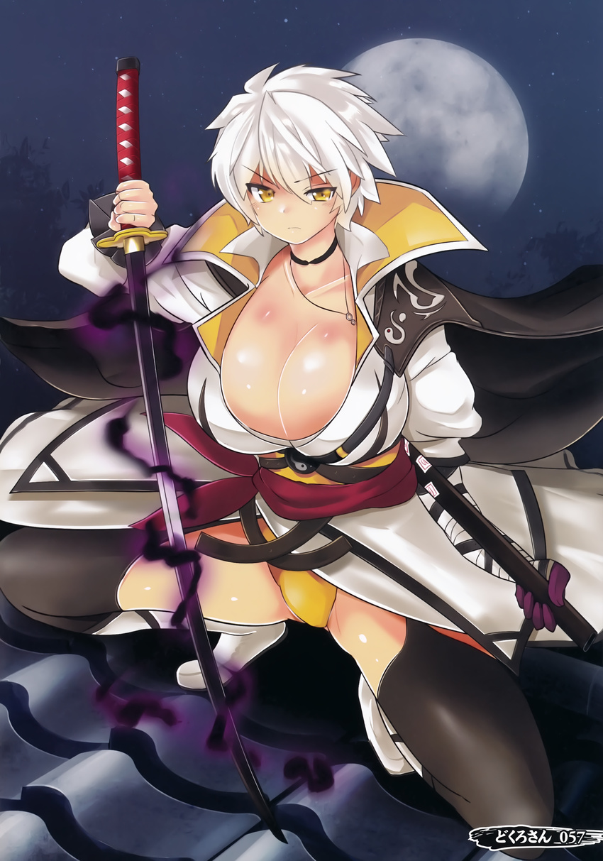 absurdres artist_name asymmetrical_sleeves bandaged_arm bandages black_cape black_thighhighs boots breasts cape choker cleavage closed_mouth coat collarbone darkness dokuro-san eyes_visible_through_hair female full_body garter_straps high_collar highres holding holding_sheath holding_sword holding_weapon huge_breasts jewelry katana knee_boots looking_at_viewer miyabi_(senran_kagura) moon necklace night non-web_source on_roof outdoors panties puffy_short_sleeves puffy_sleeves sash scabbard senran_kagura senran_kagura_shinovi_versus serious sheath shiny_skin short_hair short_sleeves shoulder_pads solo squatting sword thighhighs thighhighs_under_boots underwear uneven_sleeves unsheathed v-shaped_eyebrows weapon white_coat white_footwear white_hair yellow_eyes yellow_panties