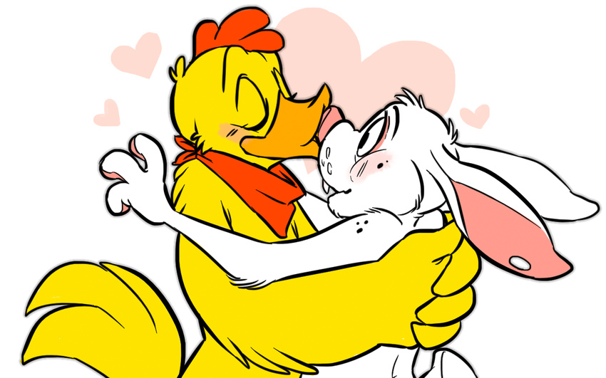 16:10 2014 3_fingers 4_fingers anthro avian beak bird blush chicken closed_eyes cubi cubi_(characters) cubi_(rabbit) digital_drawing_(artwork) digital_media_(artwork) duo feathers fingers fur galliform gallus_(genus) gus_(flir) heart_symbol kerchief kissing lagomorph leporid long_ears male male/male mammal neckerchief nude phasianid pink_nose rabbit romantic romantic_ambiance romantic_couple simple_background tail tail_feathers white_background white_body white_fur widescreen yellow_body yellow_feathers