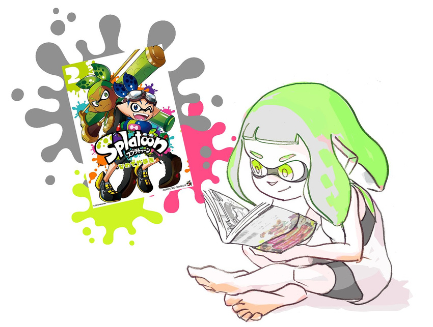 barefoot bike_shorts book commentary_request female goggle-kun_(splatoon) green_eyes green_hair indian_style inkling inkling_girl inkling_player_character inoue_seita official_art pointy_ears reading rider-kun_(splatoon) short_hair sitting solo splatoon_(manga) splatoon_(series) splatoon_2 tank_top undershirt