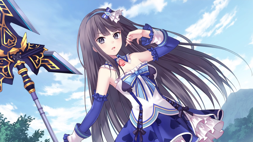 black_eyes black_hair day female fukahire_(ruinon) hair_ornament highres kyouka_(omega_quintet) omega_quintet open_mouth ribbon skirt solo