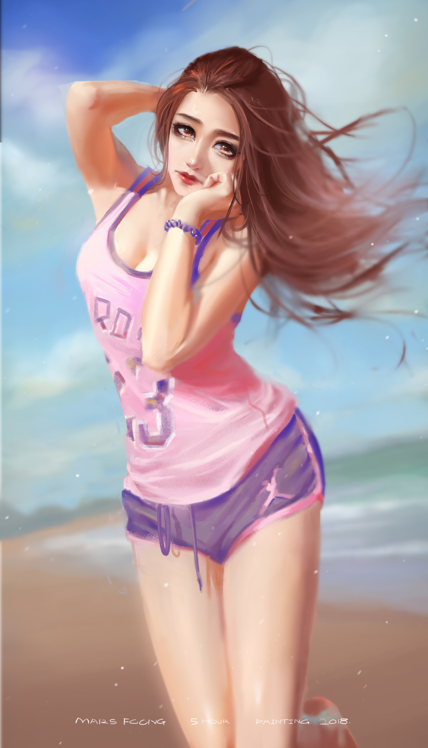 absurdres artist_name bracelet breasts brown_eyes brown_hair cleavage commentary dated detached_sleeves drawstring english english_commentary highres jewelry lips long_hair long_sleeves looking_at_viewer mars_foong medium_breasts number original pink_shirt purple_shorts shirt shorts solo speedpaint sportswear