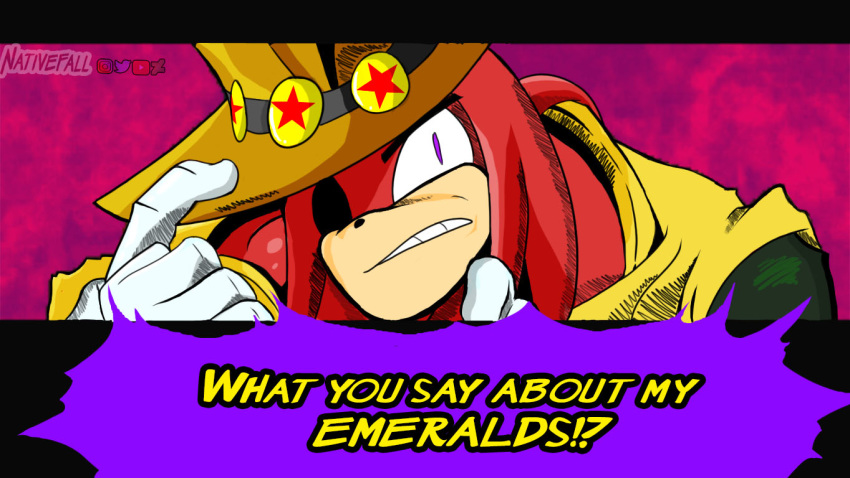 angry anthro clothed clothing cosplay crossover crossover_cosplay echidna english_text gloves handwear hat headgear headwear hol_horse jojo's_bizarre_adventure knuckles_the_echidna looking_at_viewer male mammal meme monotreme nativefall sega solo sonic_the_hedgehog_(series) tagme talking_to_viewer text