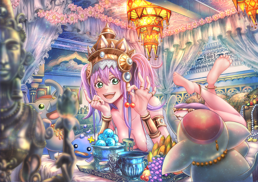 :d anklet bad_id bad_pixiv_id banana bare_shoulders barefoot breasts bubblie_(p&d) cherry cleavage crown elephant feet female food fruit grapes green_eyes jewelry lakshmi_(p&d) large_breasts lying open_mouth photoshop_(medium) purple_hair puzzle_&_dragons ring shoichi_(ekakijin) smile soles