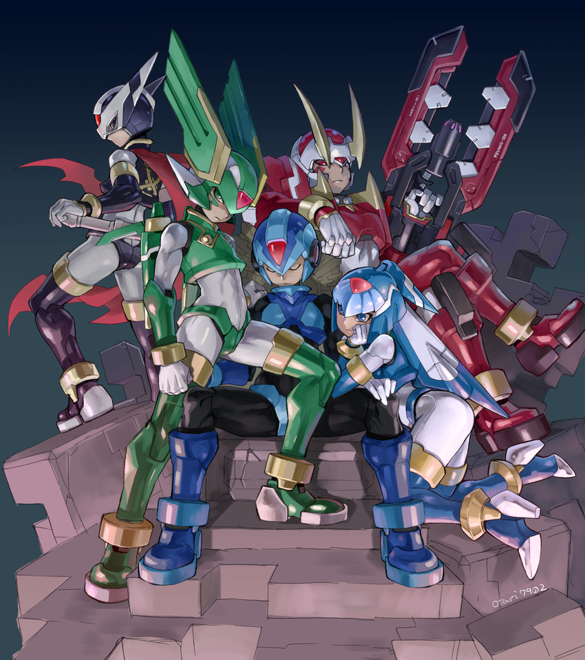 4boys android arm_cannon armor artificial_eye ass black_armor black_eyes blue_armor blue_eyes cannon closed_eyes commentary_request copy_x_(mega_man) crop_top facial_mark facial_tattoo fairy_leviathan_(mega_man) fake_horns female fighting_fefnir_(mega_man) fins forehead forehead_jewel gem gloves green_armor green_eyes gun head_fins head_wings helmet hidden_phantom_(mega_man) high_heels highres horned_headwear horned_helmet horns indesign mask md5_mismatch mechanical_arms mechanical_ears mechanical_eye mechanical_hands mechanical_horns mechanical_legs mechanical_wings mega_man_(series) mega_man_zero_(series) mega_man_zero_1 mouth_mask multiple_boys ninja ninja_mask ninjatou red_armor red_eyes red_gemstone robot sage_harpuia_(mega_man) serious sheath sheathed short_sword simple_background smile sword tattoo throne weapon wings x_(mega_man)